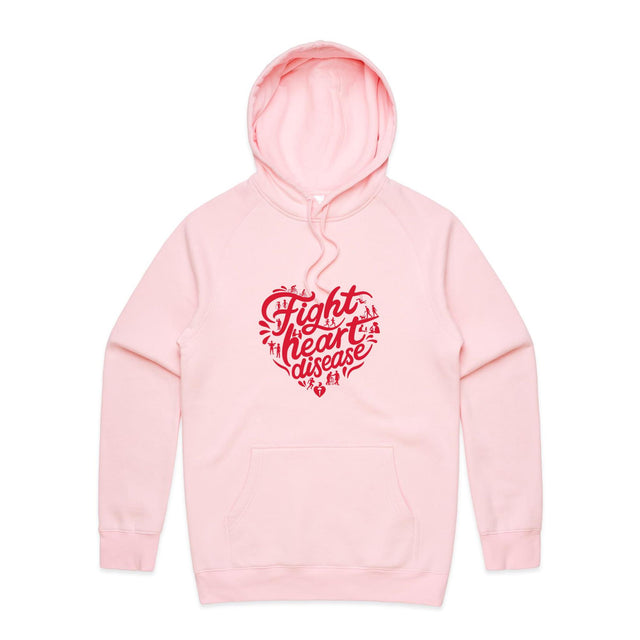Front view of a pink unisex hoodie with a red heart-shaped “Fight heart disease” design and kangaroo pocket.