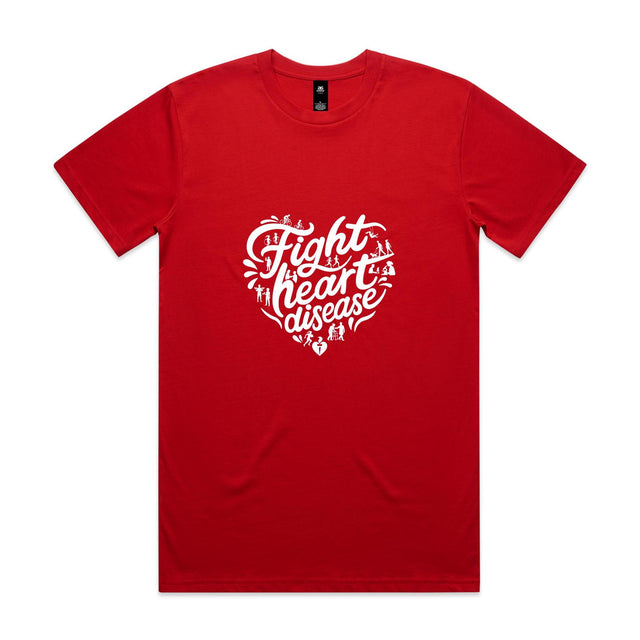 Red unisex t-shirt with heart shaped 'Fight heart disease' message drawing centre front displayed on white background.