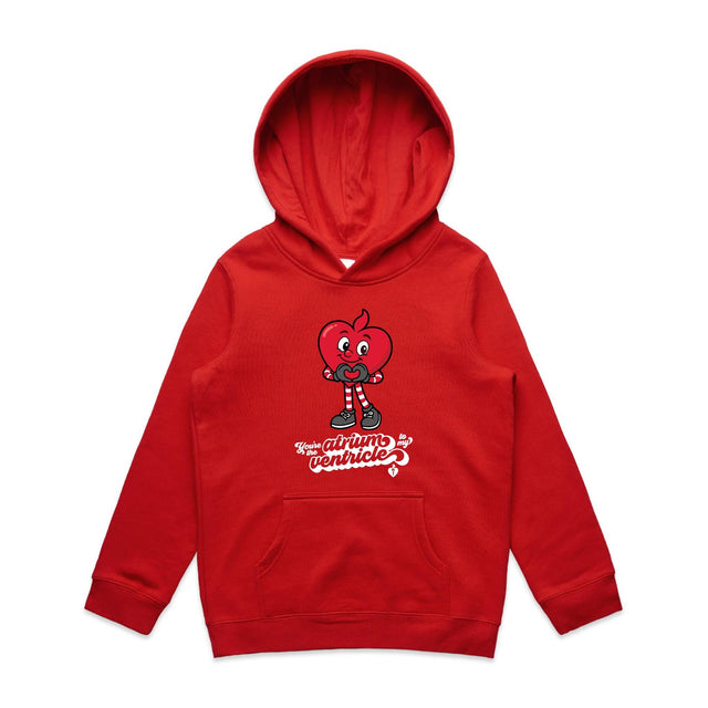 Red kids hoodie with atrium/ventricle slogan and happy heart. Featured on grey gradient background