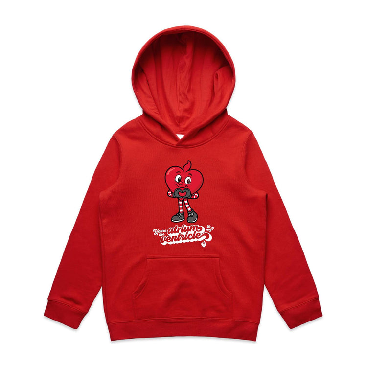 Red kids hoodie with atrium/ventricle slogan and happy heart. Featured on grey gradient background