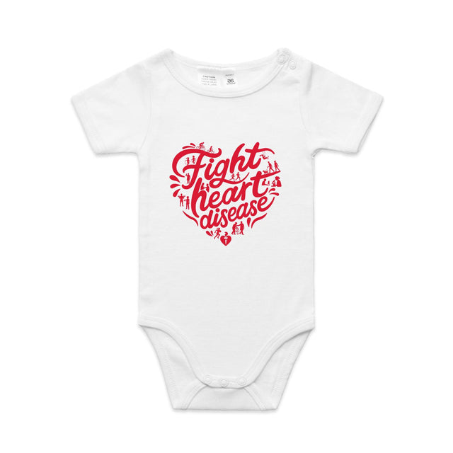 White baby onesie with a red heart-shaped “Fight heart disease” design, featured on white background.