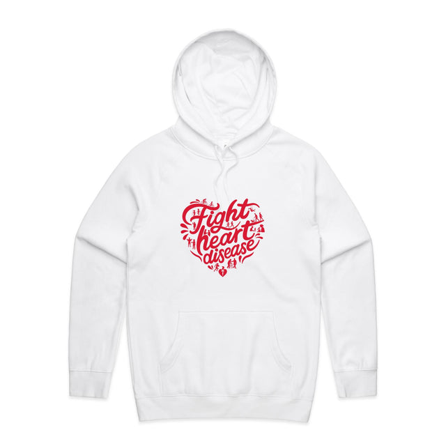 Front view of a white unisex hoodie with a red heart-shaped “Fight heart disease” design and kangaroo pocket.
