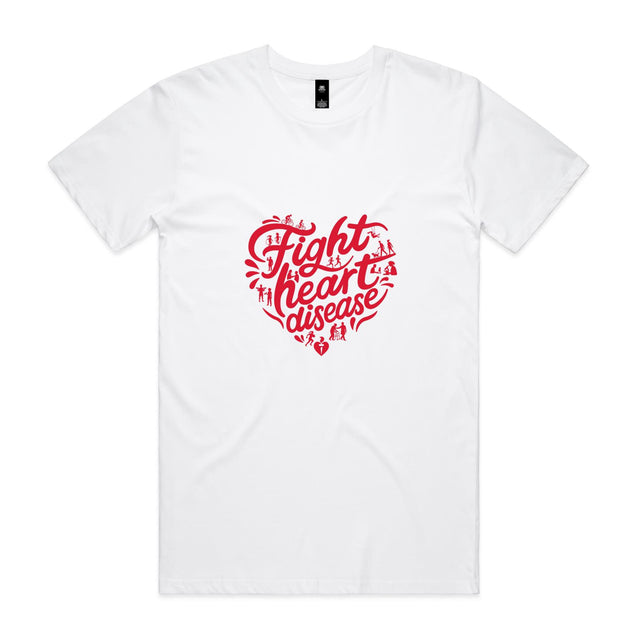 White unisex t-shirt with heart shaped 'Fight heart disease' message drawing centre front displayed on white background.
