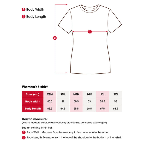 Women's short sleeve t-shirt size chart with how to measure instructions for correct size.