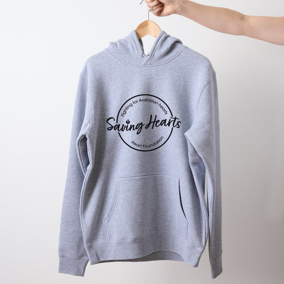 Light grey marle Heart Foundation unisex hoodie featuring Saving Hearts design in black print and displayed on hanger