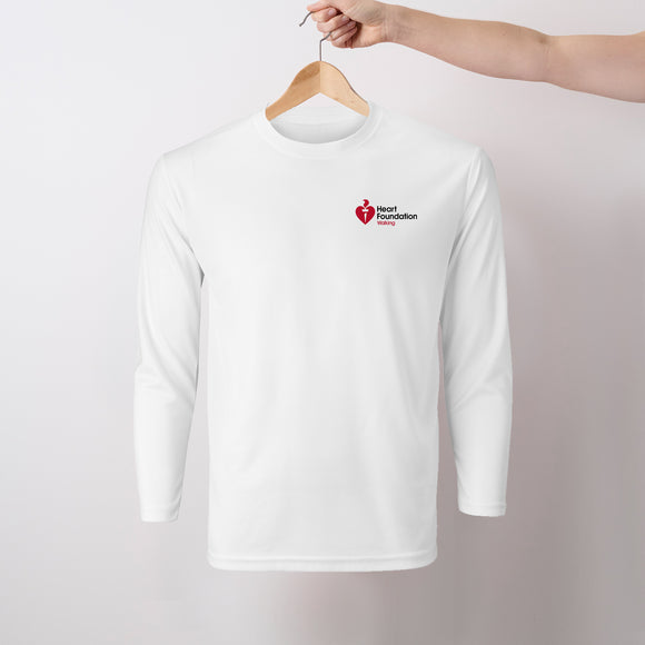 White long sleeve t-shirt shown on hanger with Heart Foundation Walking logo to left chest.