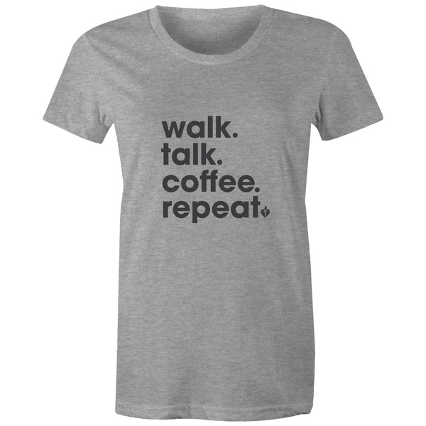 Women's short sleeve grey marle Heart Foundation t-shirt with Walk.Talk.Coffee.Repeat print to centre chest.