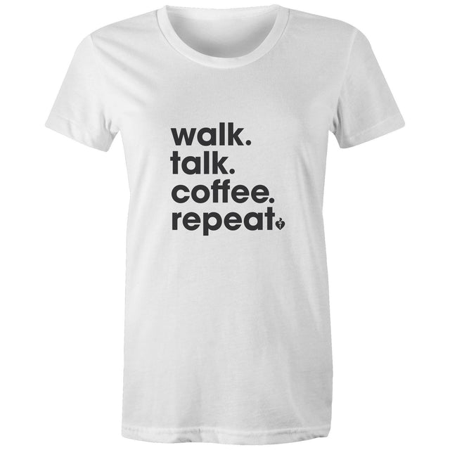 Women's short sleeve white Heart Foundation t-shirt with Walk.Talk.Coffee.Repeat print to centre chest.