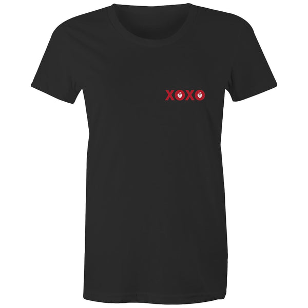 Women's short sleeve black Heart Foundation t-shirt with red XOXO print to left chest.
