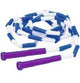 Coiled skipping rope, 2.6 metre, white and blue beaded cord, purple handles