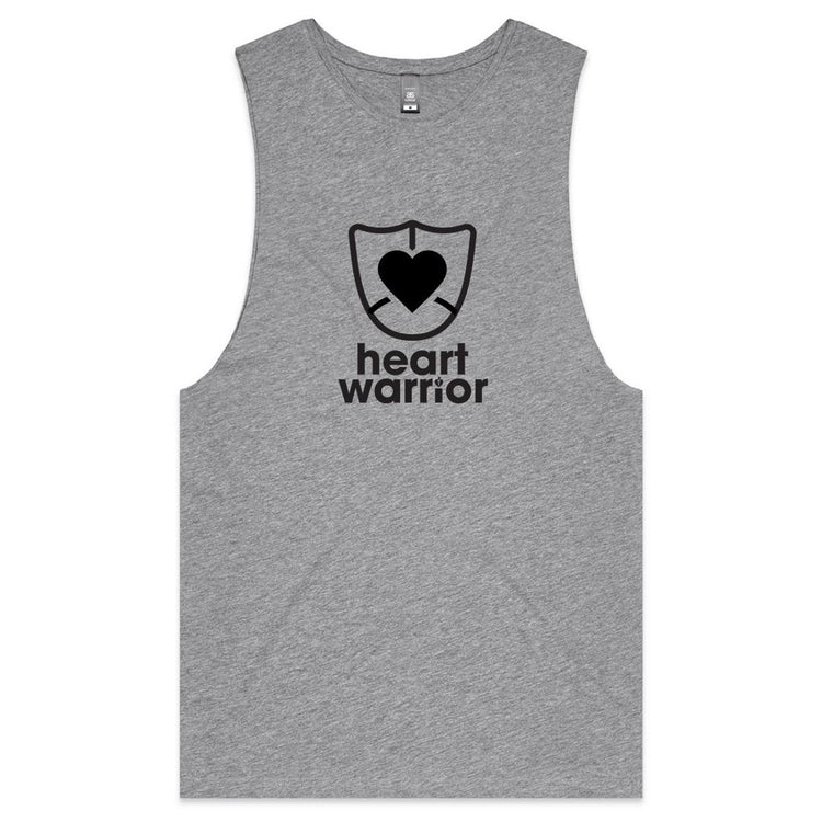 Light grey marle Heart Foundation mens tank with heart warrior design in black print.