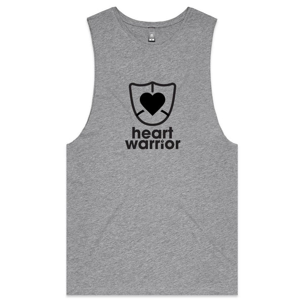 Light grey marle Heart Foundation mens tank with heart warrior design in black print.