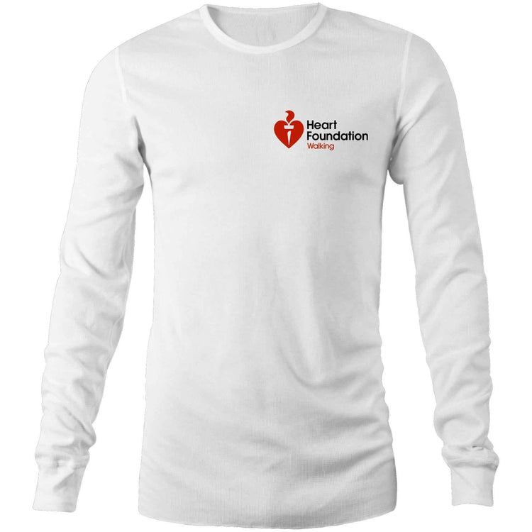 Mens/Unisex White Long Sleeve T-Shirt with Heart Foundation Walking logo to left chest.