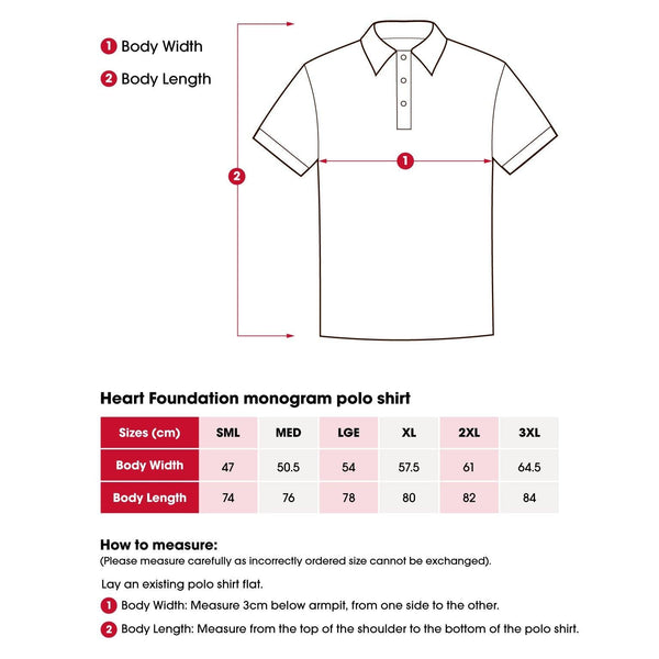 Heart Foundation S/S polo shirt size chart with how to measure instructions