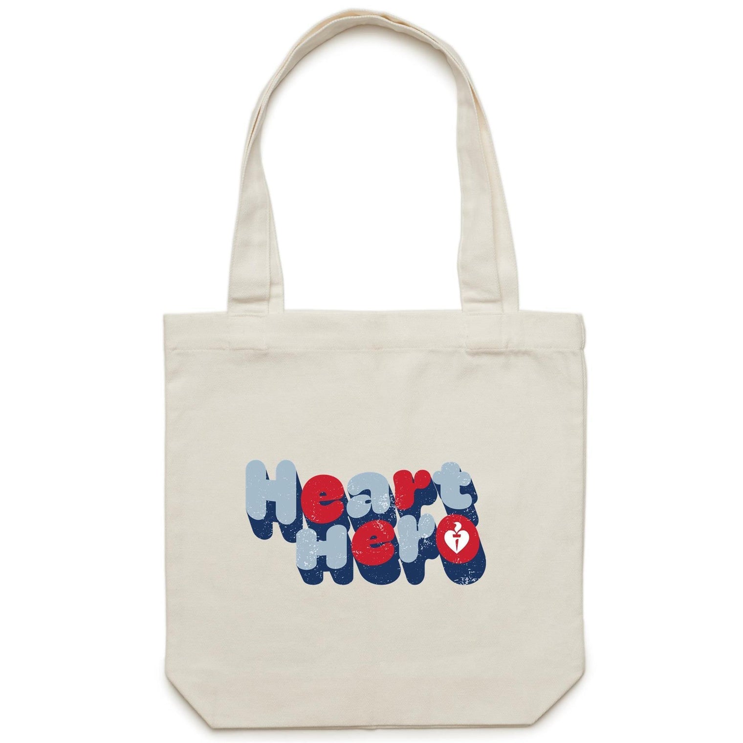Heart Foundation cream canvas tote bag with vintage look Heart hero text in red and blue print on the front.