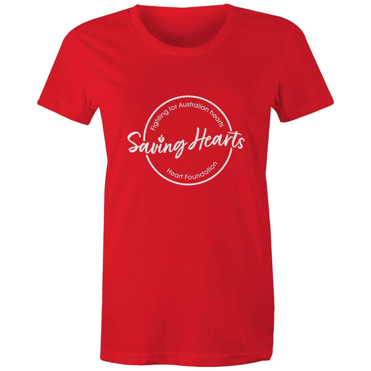 Women's short sleeve red Heart Foundation t-shirt with Saving hearts print to centre chest.