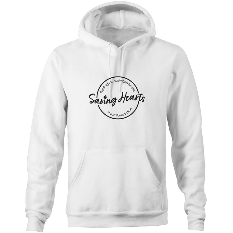 White Heart Foundation unisex hoodie featuring Saving Hearts design in black print