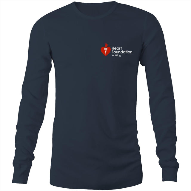 Mens/Unisex Navy Long Sleeve T-Shirt with Heart Foundation Walking logo to left chest.