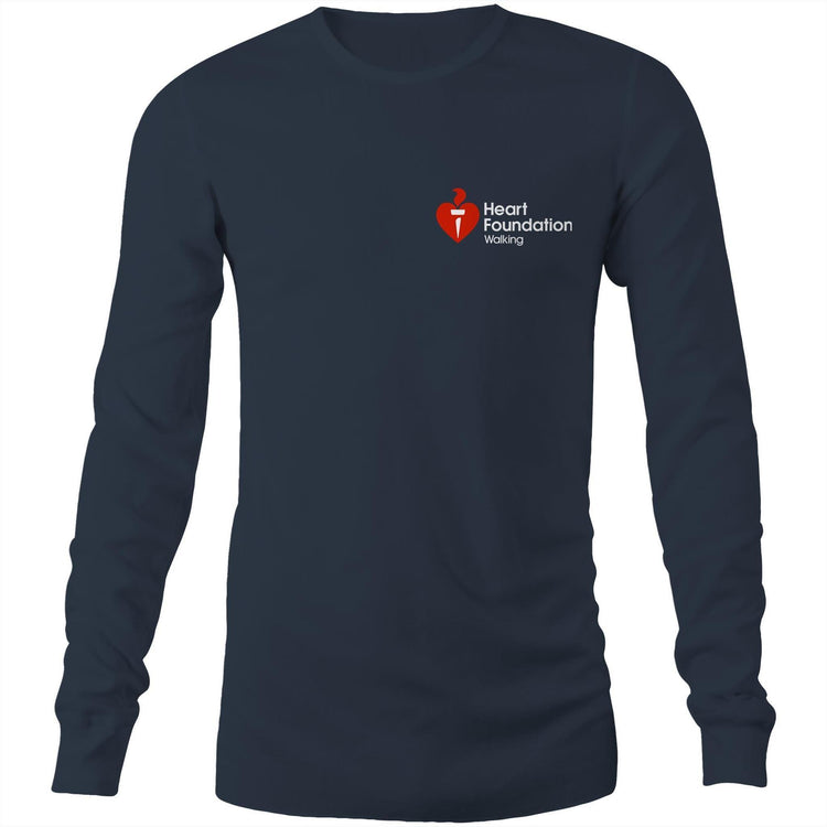 Mens/Unisex Navy Long Sleeve T-Shirt with Heart Foundation Walking logo to left chest.