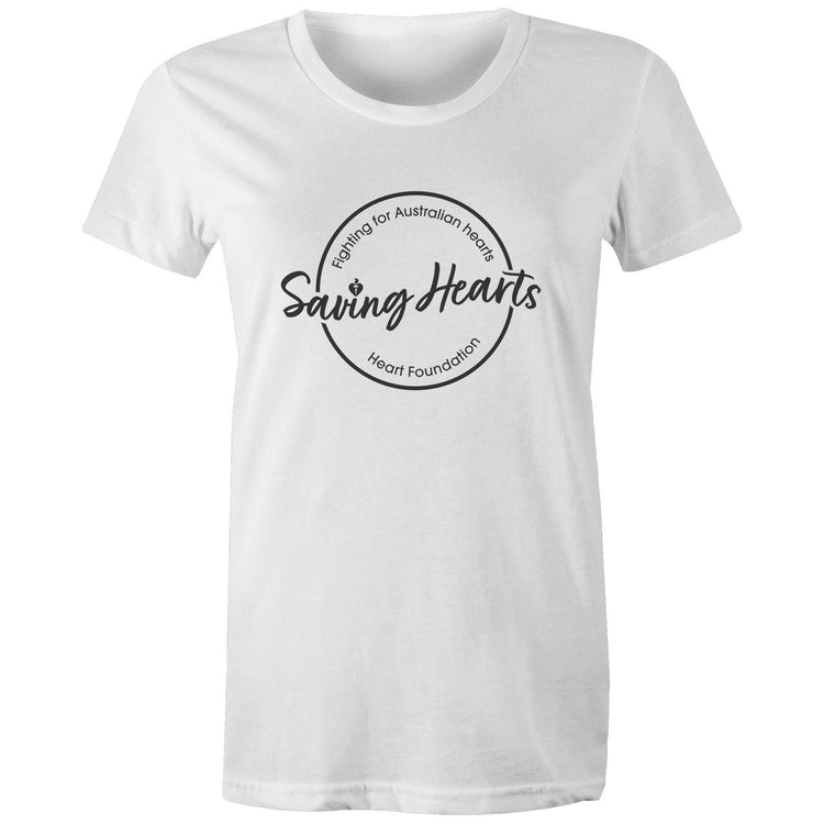 Women's short sleeve white Heart Foundation t-shirt with Saving hearts print to centre chest.