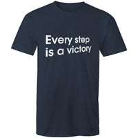 Navy every step is a victory unisex style t-shirt,  designed to encourage people to stay active and keep walking.