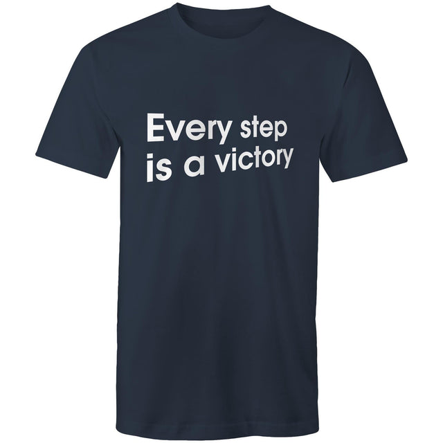 Navy every step is a victory unisex style t-shirt,  designed to encourage people to stay active and keep walking.