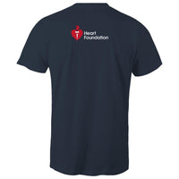 Back view of navy unisex t-shirt featuring the Heart Foundation's logo between the shoulder blades.