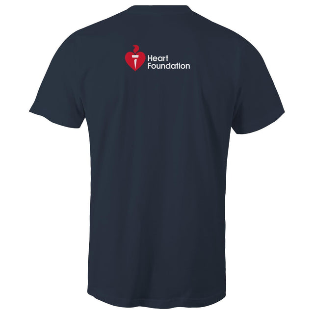 Back view of navy unisex t-shirt featuring the Heart Foundation's logo between the shoulder blades.