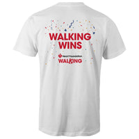 Back image of white Heart Foundation unisex style every step is a victory t-shirt showing Walking Wins tag line and confetti. Designed to encourage people to stay active and keep walking.