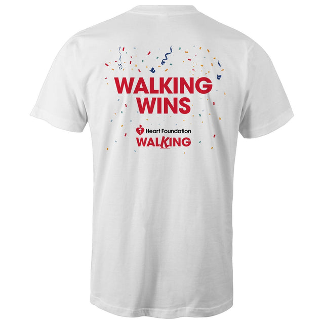 Back image of white Heart Foundation unisex style every step is a victory t-shirt showing Walking Wins tag line and confetti. Designed to encourage people to stay active and keep walking.