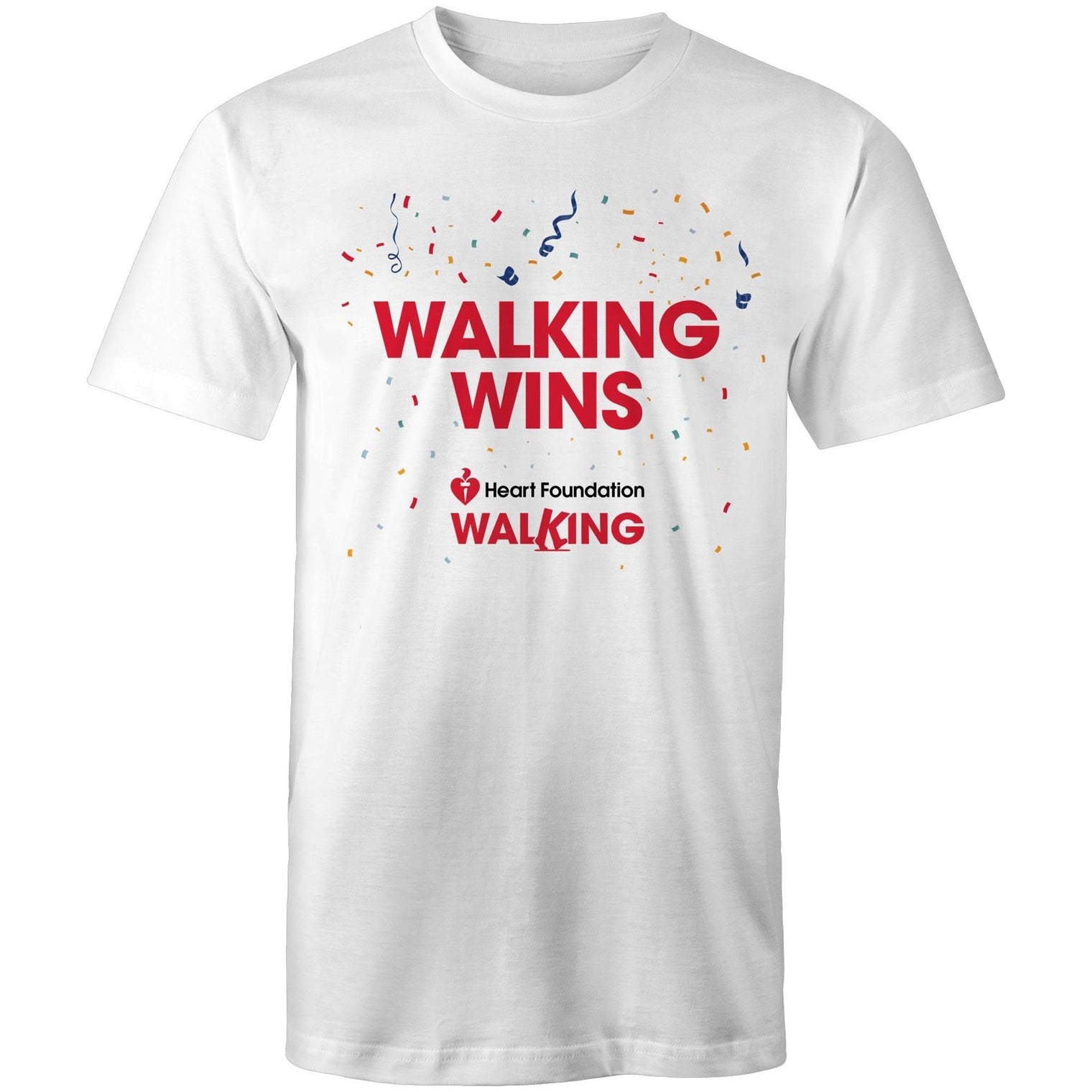 White Heart Foundation unisex style t-shirt featuring Walking Wins tag line and confetti, designed to encourage people to stay active and keep walking.