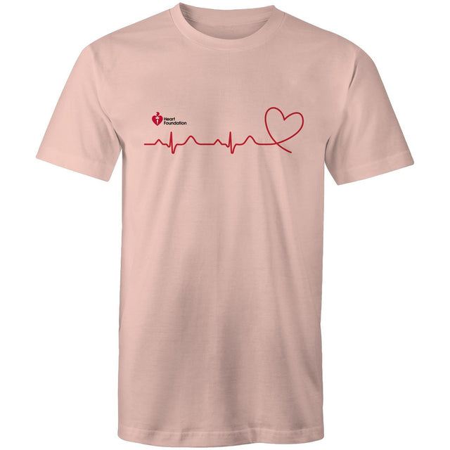 Pale pink Heart Foundation unisex t-shirt featuring logo and red print heartbeat line ending in stylised heart.  Developed to raise awareness of heart health.