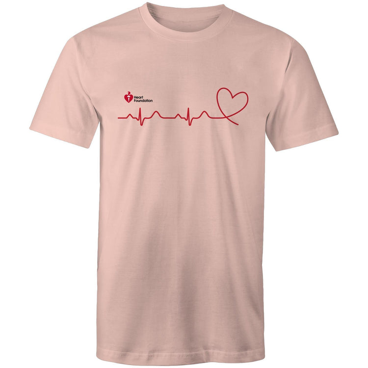 Pale pink Heart Foundation unisex t-shirt featuring logo and red print heartbeat line ending in stylised heart.  Developed to raise awareness of heart health.