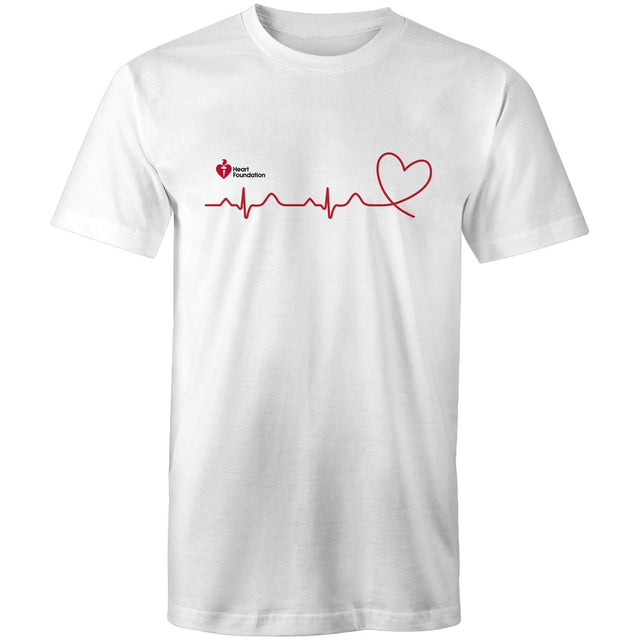 White Heart Foundation unisex t-shirt featuring logo and red print heartbeat line ending in stylised heart.  Developed to raise awareness of heart health.