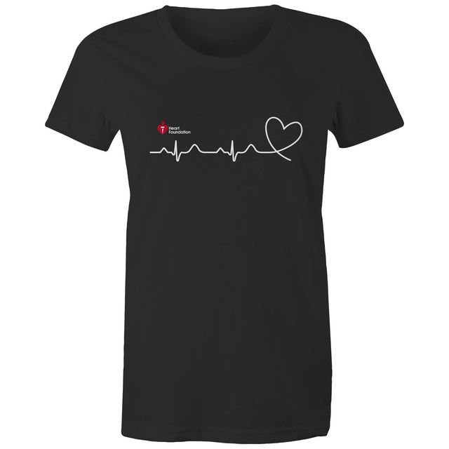 Black Heart Foundation women's t-shirt featuring logo and white print heartbeat line ending in stylised heart.  Developed to raise awareness of heart health.