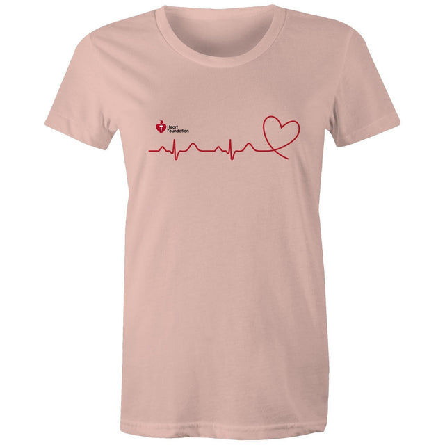 Pale pink Heart Foundation women's t-shirt featuring logo and red print heartbeat line ending in stylised heart.  Developed to raise awareness of heart health.