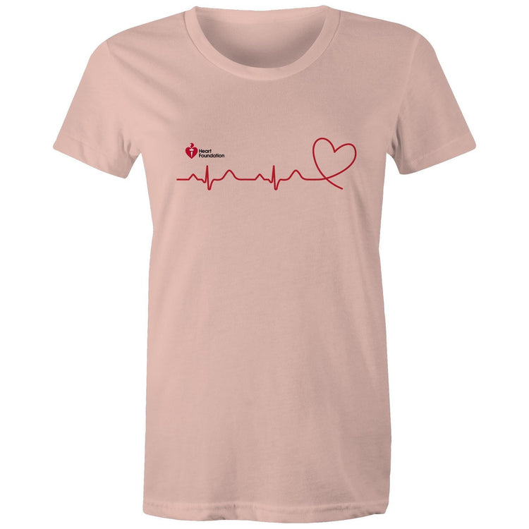 Pale pink Heart Foundation women's t-shirt featuring logo and red print heartbeat line ending in stylised heart.  Developed to raise awareness of heart health.