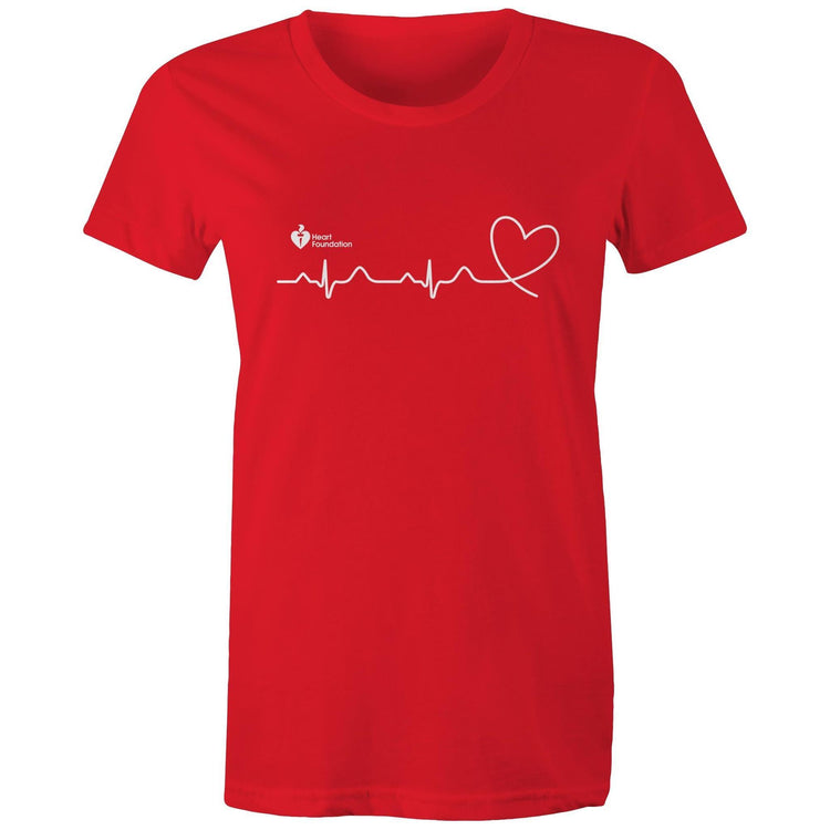 Red Heart Foundation women's t-shirt featuring logo and white print heartbeat line ending in stylised heart.  Developed to raise awareness of heart health.