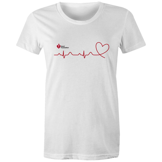 White Heart Foundation women's t-shirt featuring logo and red print heartbeat line ending in stylised heart.  Developed to raise awareness of heart health.
