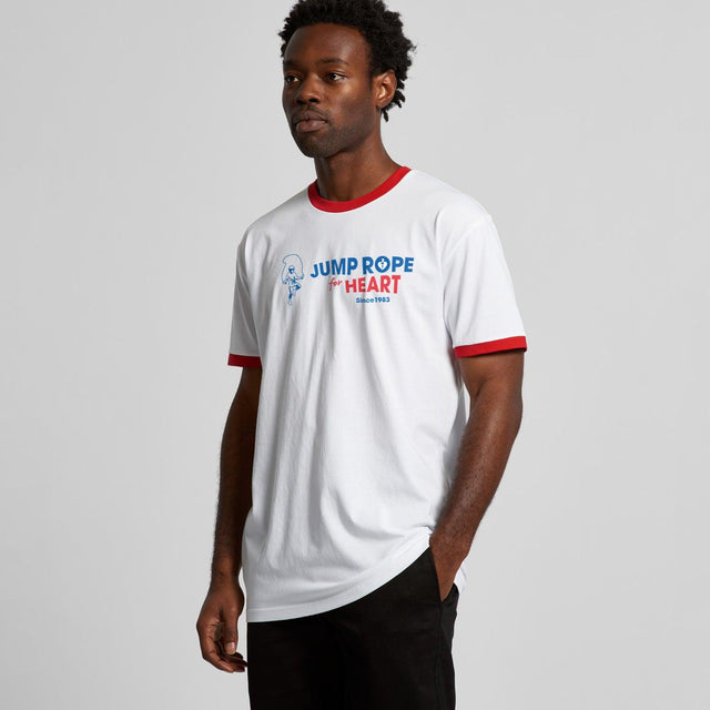 Male modelling a white unisex style t-shirt with "Jump Rope for Heart" vintage look print, promoting heart health awareness through the Heart Foundation. 