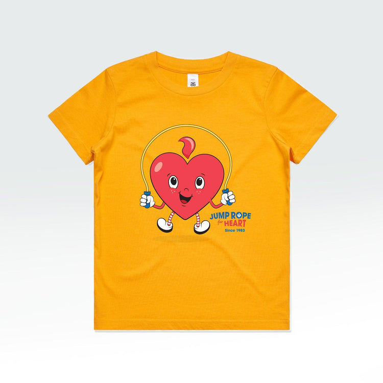 A gold yellow t-shirt adorned with a cartoon heart, supporting the Heart Foundation's jump rope program. 