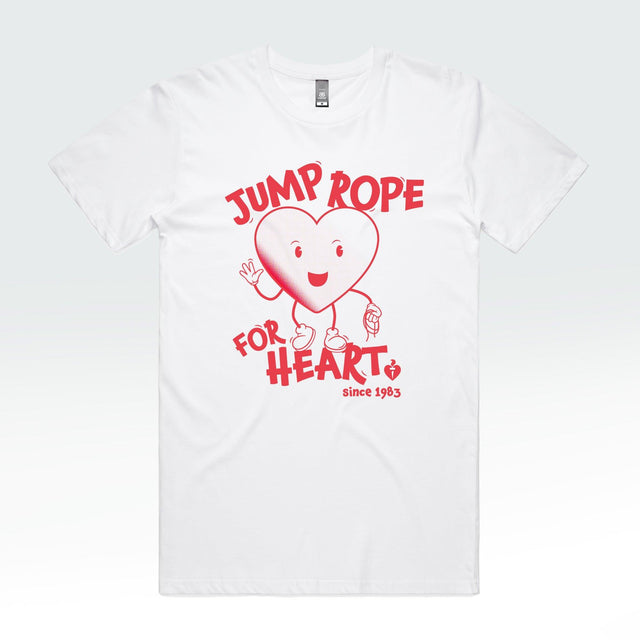 A white t-shirt for men adorned with a cartoon heart, supporting the Heart Foundation's jump rope program. 