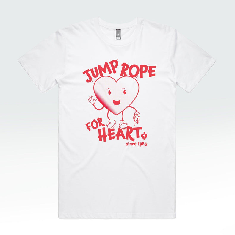 A white t-shirt for men adorned with a cartoon heart, supporting the Heart Foundation's jump rope program. 