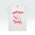 A women's white t-shirt adorned with a cartoon heart, supporting the Heart Foundation's jump rope program. 