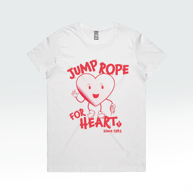 A women's white t-shirt adorned with a cartoon heart, supporting the Heart Foundation's jump rope program. 