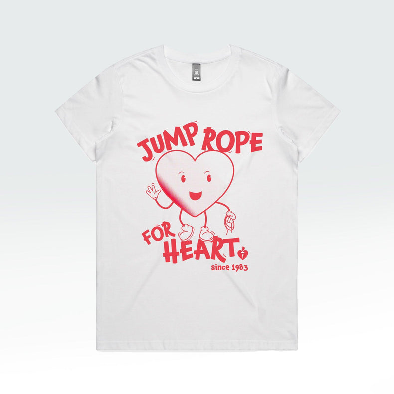 A women's white t-shirt adorned with a cartoon heart, supporting the Heart Foundation's jump rope program. 