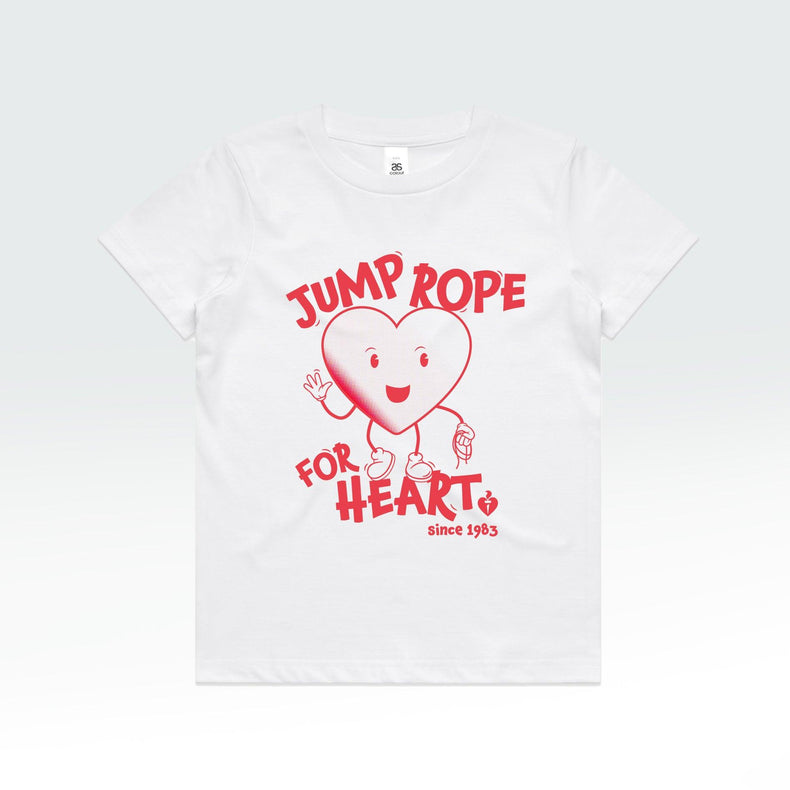 A kids white t-shirt adorned with a cartoon heart, supporting the Heart Foundation's jump rope program. 