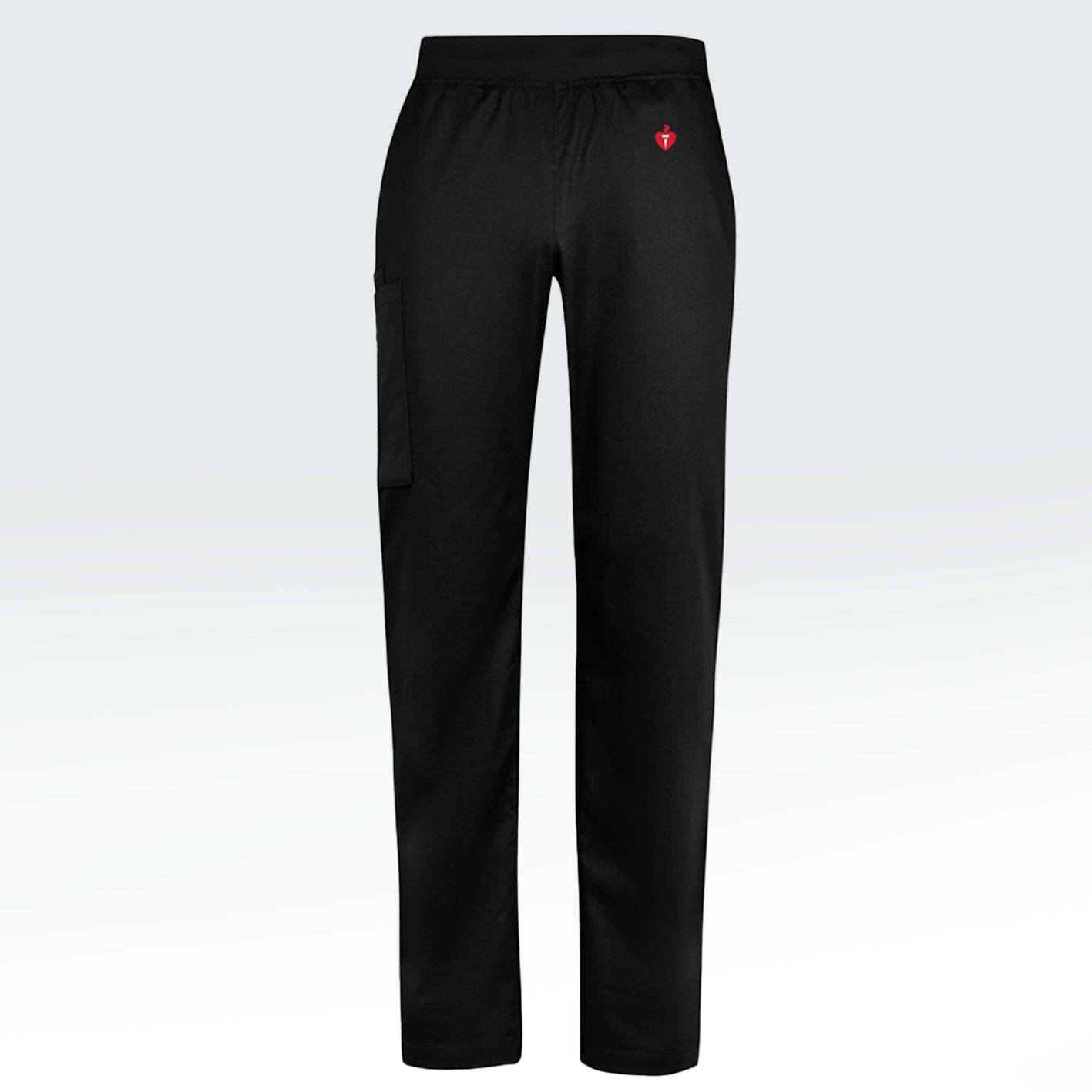 Men's black scrub pants featuring Heart Foundation brand mark in red/white print on left hip.