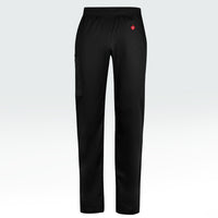 Men's black scrub pants featuring Heart Foundation brand mark in red/white print on left hip.