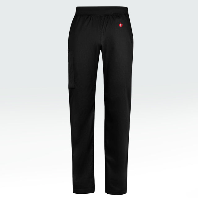 Men's black scrub pants featuring Heart Foundation brand mark in red/white print on left hip.